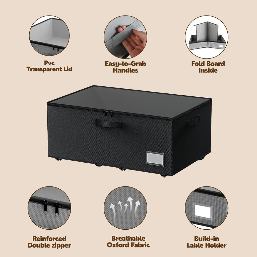 Under Bed Storage with Wheels, 2-Pack Under Bed Storage Containers with Clear Lids, No Assemble Required 10 inches Height, Rolling Underbed Storage Drawers Bins for Shoes, Clothes, Blankets, Toys