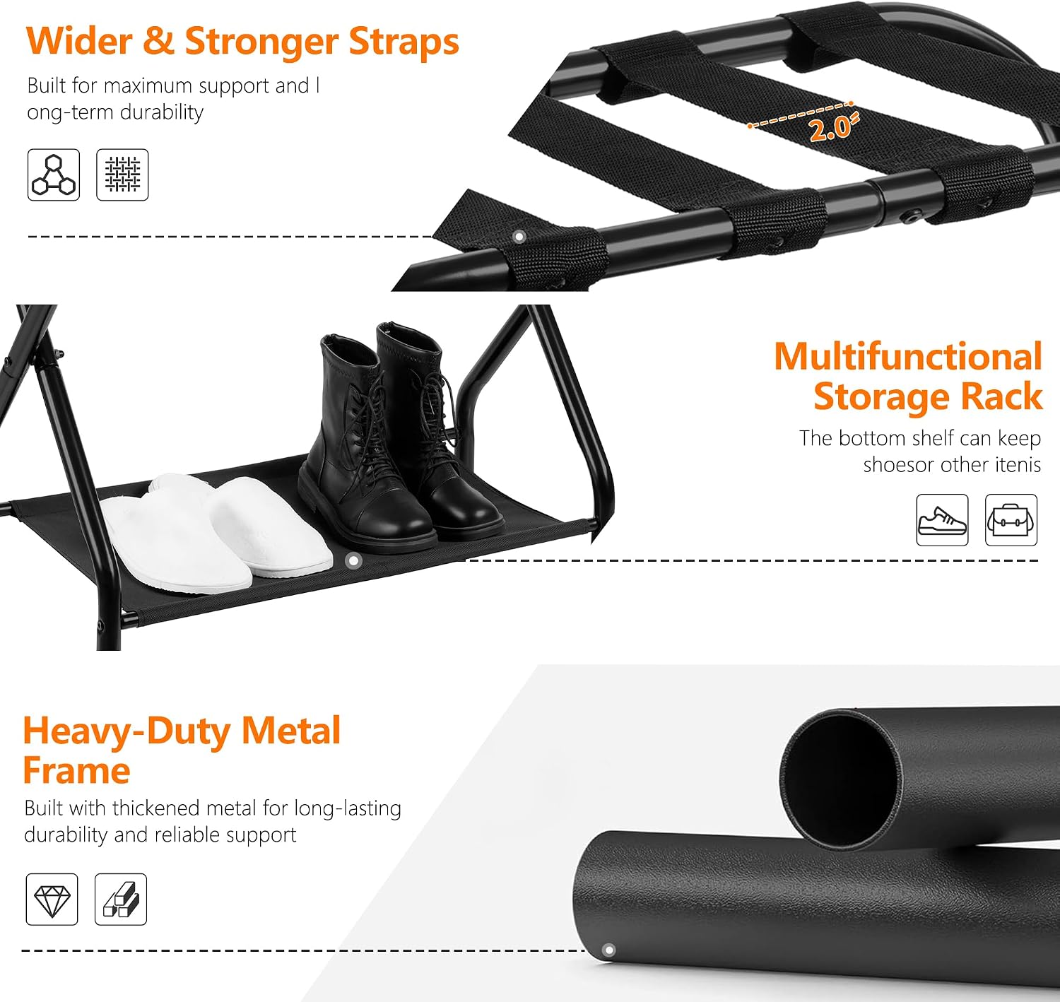 Heybly Luggage Rack for Guest Room, Pack of 2, Steel Folding Suitcase Stand with Storage Shelf for Bedroom, Hotel, Foldable Steel Frame, Guest Room 26.2" L x 14.4" W x 20.5" H, Black HLR004B2