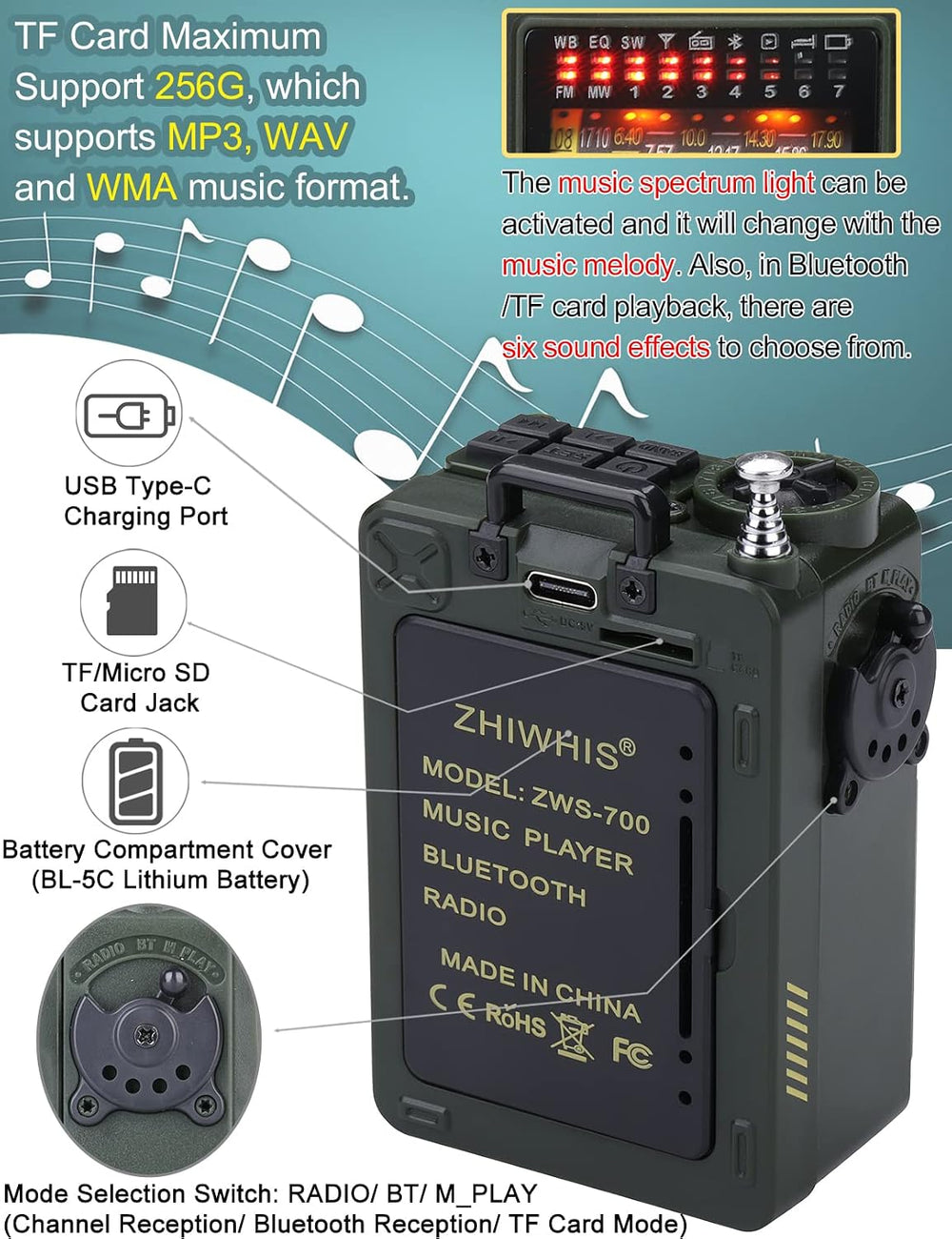 ZHIWHIS Shortwave Radio with Bluetooth, Portable Radio with Sleep Timer, Weat...