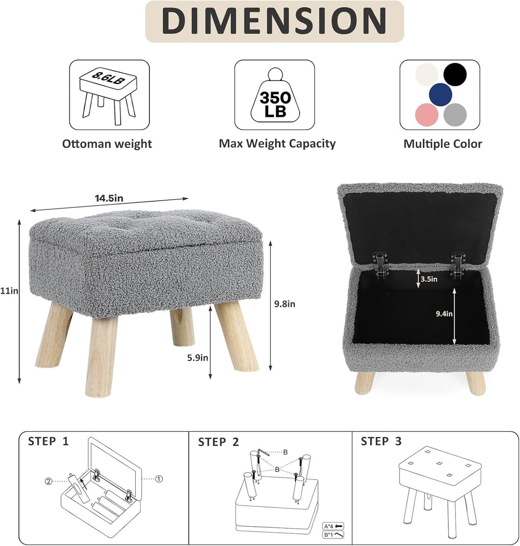 OGEMXU Storage Ottoman, Small Storage Ottoman Foot Stool with Wood Legs, Teddy Velvet Rectangular Foot Rest for Chair, Soft Sponge White Footstool for Living Room, Couch, Bedroom, Dorm (Grizzly)