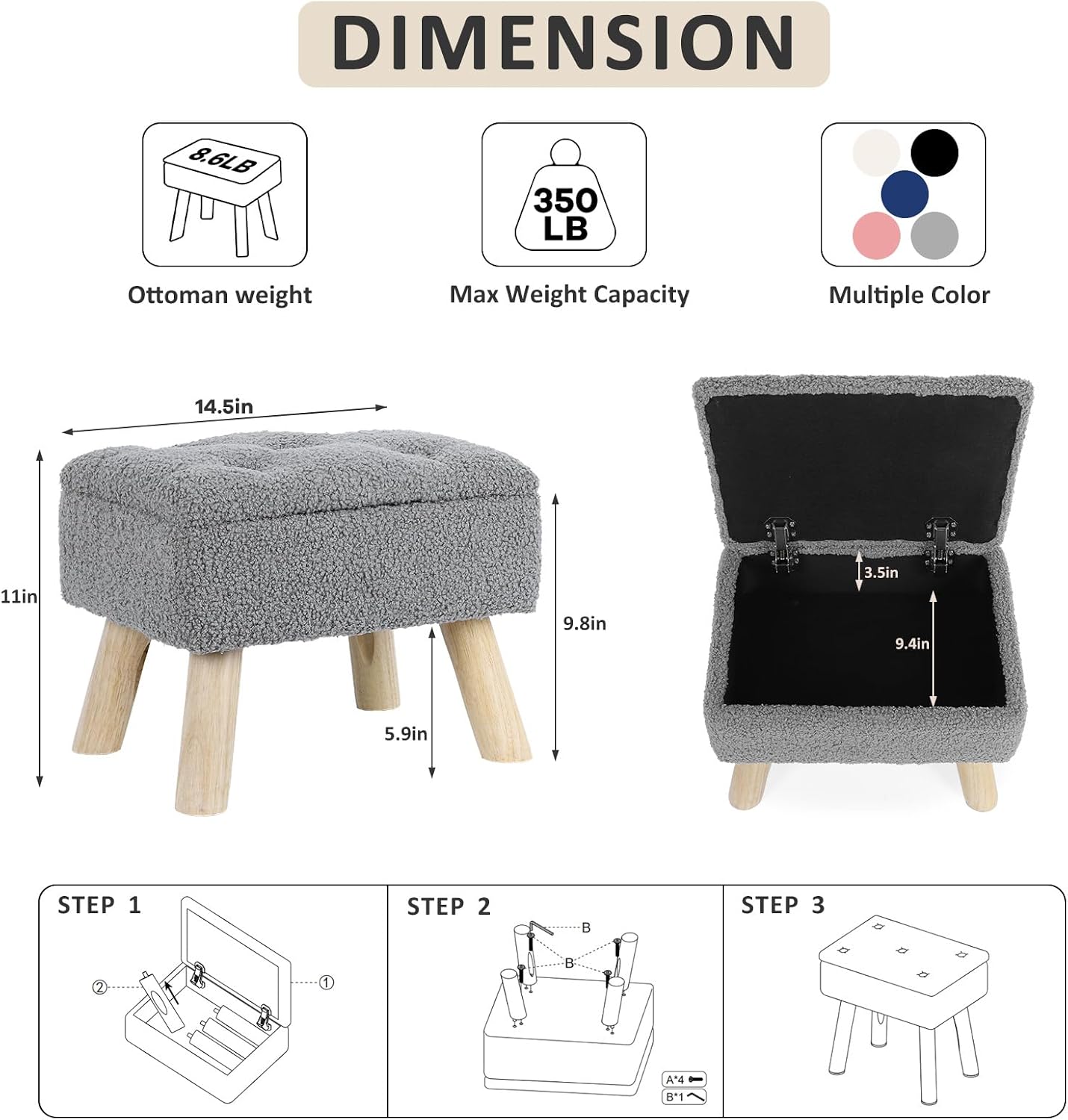 OGEMXU Storage Ottoman, Small Storage Ottoman Foot Stool with Wood Legs, Teddy Velvet Rectangular Foot Rest for Chair, Soft Sponge White Footstool for Living Room, Couch, Bedroom, Dorm (Grizzly)