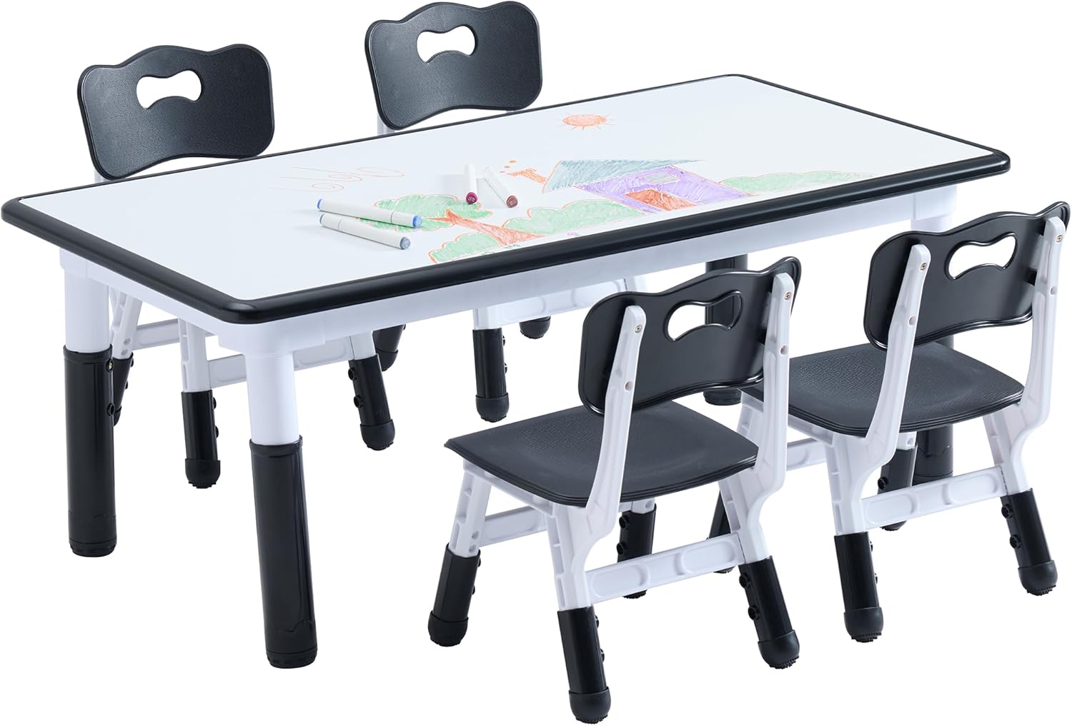 Kids Table and 4 Chairs Set, Height Adjustable Toddler Table and Chair Set, Toddler Desk with Graffiti Desktop & Non-Slip Legs, Children Activity Table for Daycare, Classroom (Black)
