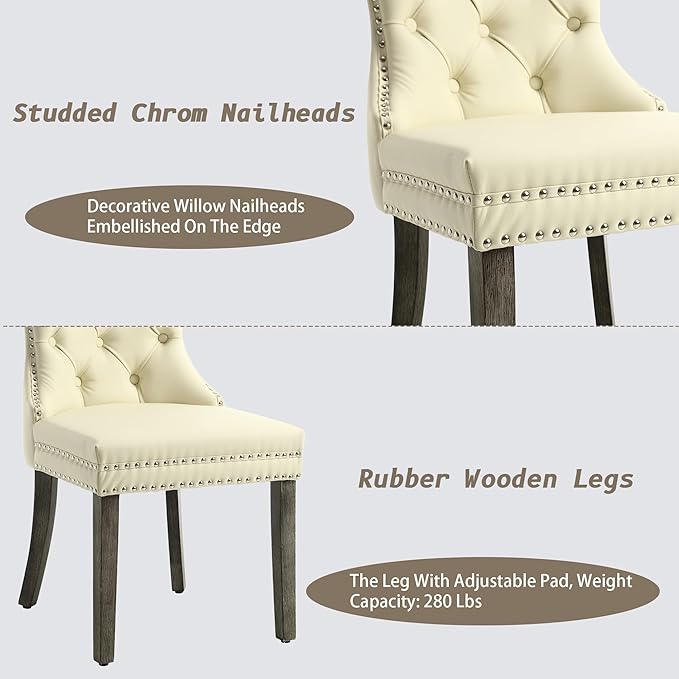 KCC Faux Leather Dining Chairs Set of 2, Upholstered High-end Tufted Dining Room Chair with Nailhead Back Ring Pull Trim Solid Wood Legs, Contemporary Nikki Collection Modern Style for Kitchen, Beige