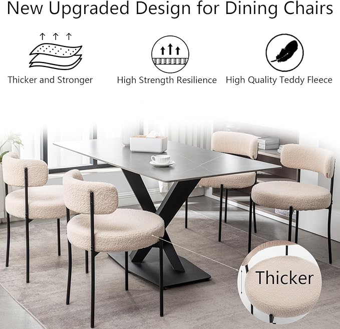Boucle Dining Chairs Set of 2, Upholstered Dining Room Chairs with Black Meta...