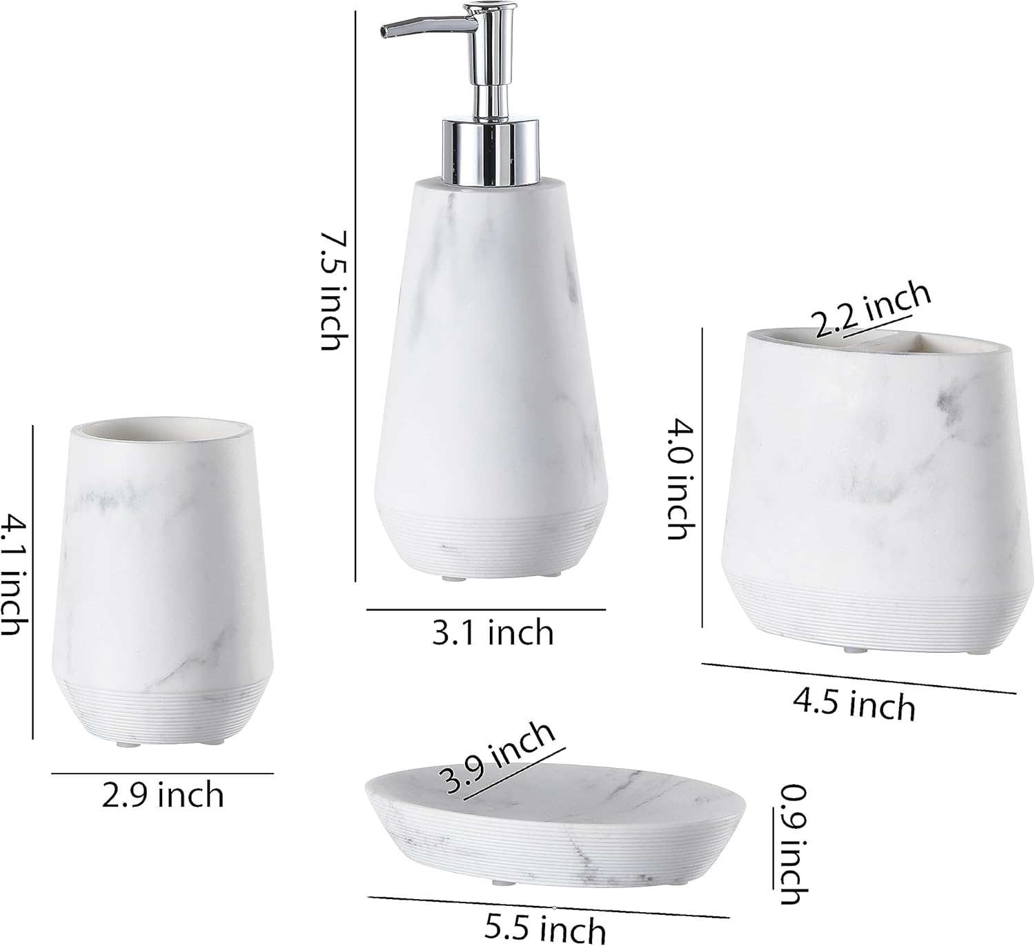 4 Piece Modern Bathroom Accessory Set with Marbled Style and Geometric Design Includes Lotion Dispenser, Toothbrush Holder, Tumbler, Soap Dish (Mordern Style Marble)