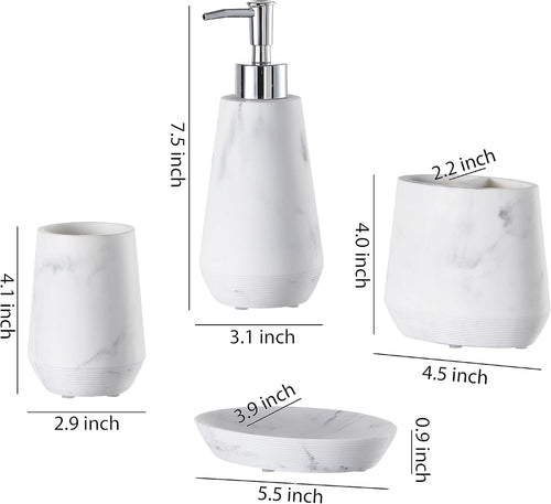 4 Piece Modern Bathroom Accessory Set with Marbled Style and Geometric Design Includes Lotion Dispenser, Toothbrush Holder, Tumbler, Soap Dish (Mordern Style Marble)