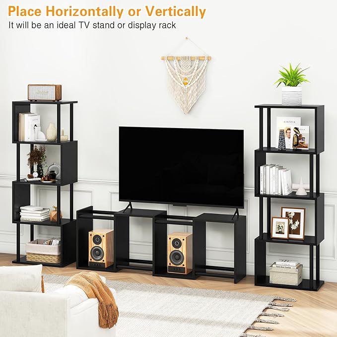 IBUYKE 5-Tier Tall Bookshelf,S-Shaped Geometric Bookcase, Wood Display Shelves with Storage,Modern Bookshelf for Living Room Bedroom, Home Office, Black WBC015B
