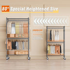 Homdox Garment Rack Heavy Duty, 3 Tier Rolling Clothing Racks for Hanging Clothes, Metal Wardrobe Closet, Free-Standing Clothes Organizer Rack with Double Rods & Side hooks, Gray