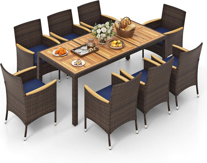 HAPPYGRILL 9 Pieces Acacia Wood Patio Dining Set for 8 People, Outdoor Rattan Furniture with Cushions, Rectangular Dining Table with Umbrella Hole, for Garden Backyard Deck