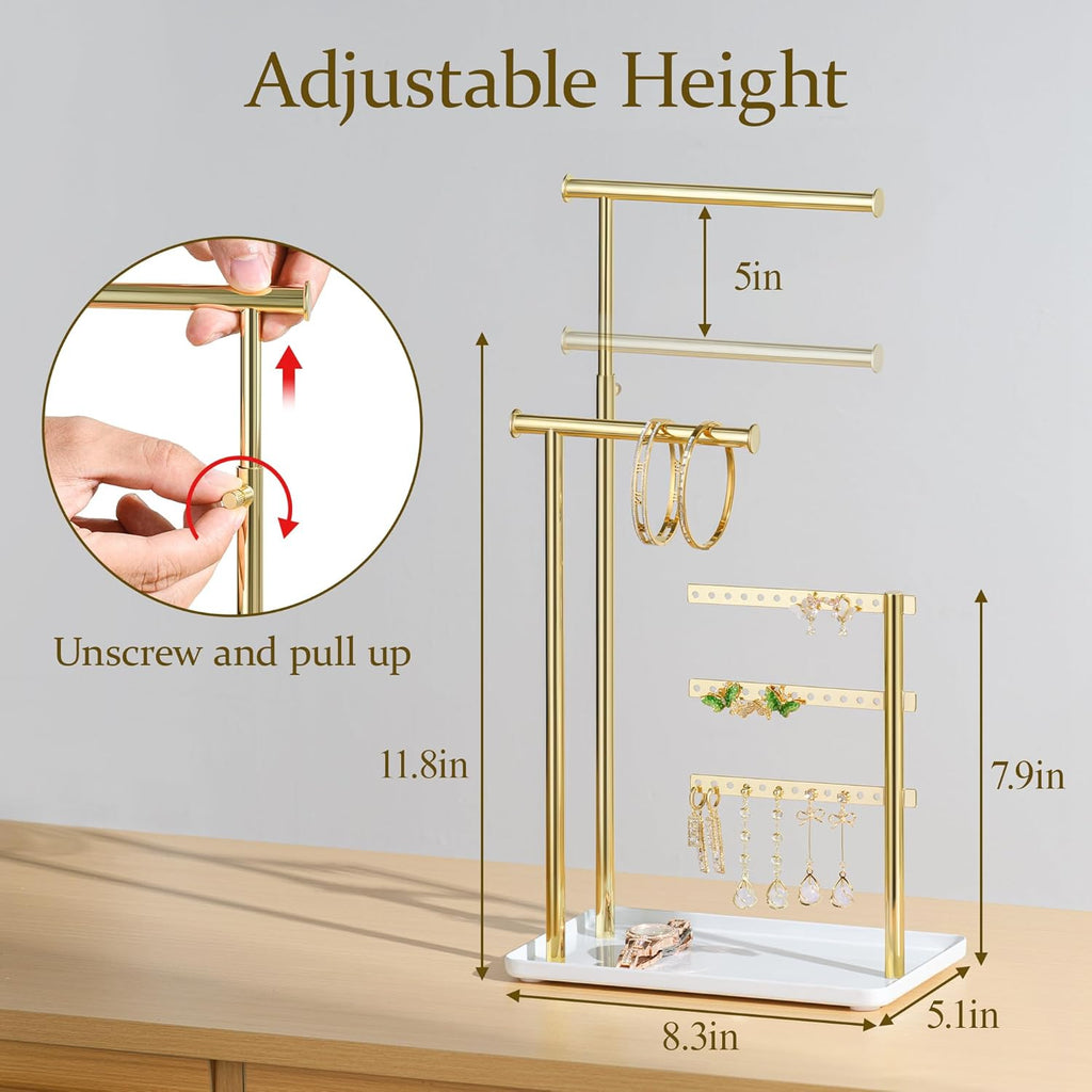 Jewelry Holder Organizer Stand - Adjustable Tall 17.5" (Max), Gift for Women, Mirrored Gold Jewelry Hanger for Necklaces, Earrings, Bracelets, Rings