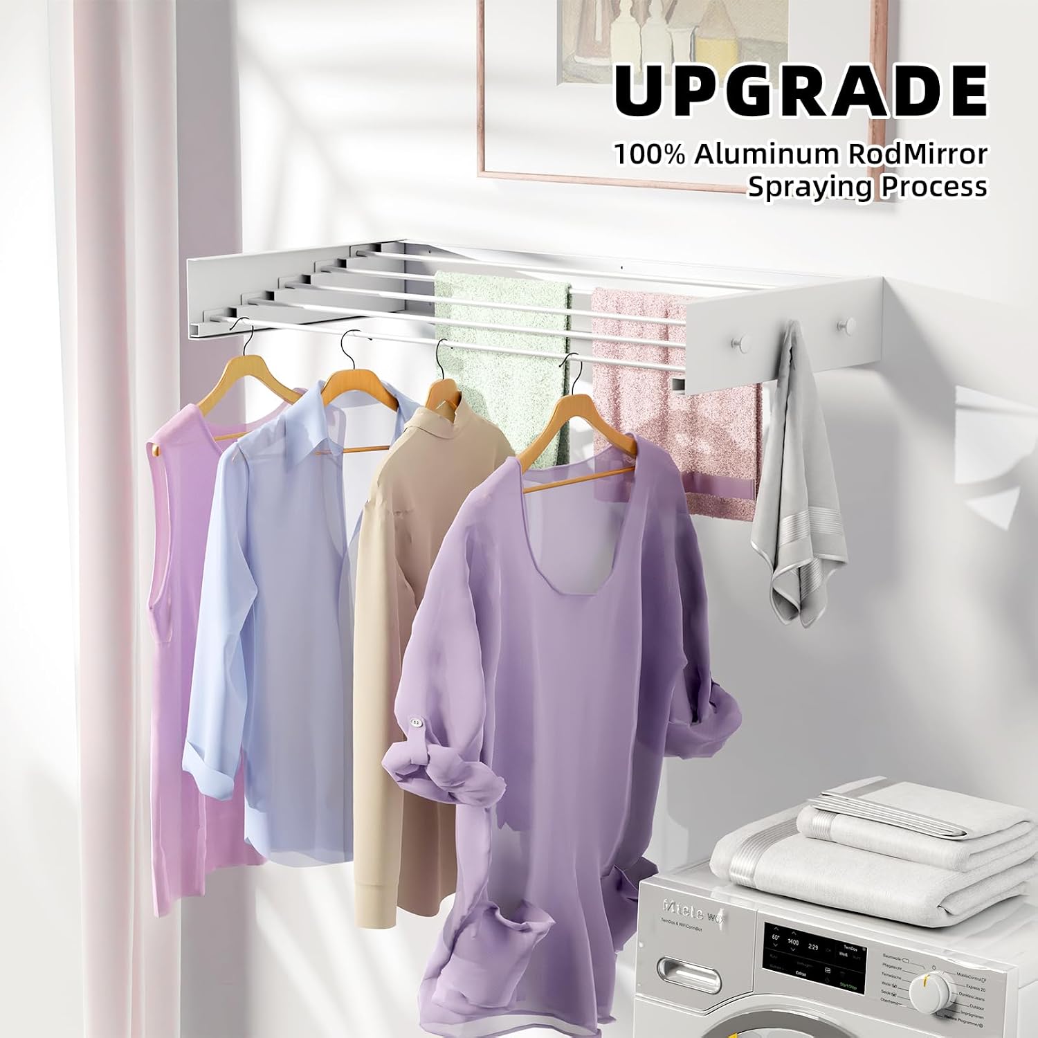 ZMBESUP Upgrade Wall Mounted Drying Rack with 6 Hooks, 31.5" Foldable Laundry Rack, 5 Rods & Hooks Space Saver for Bathroom, Collapsible Clothing Rack with Template for Indoor Outdoor (White)