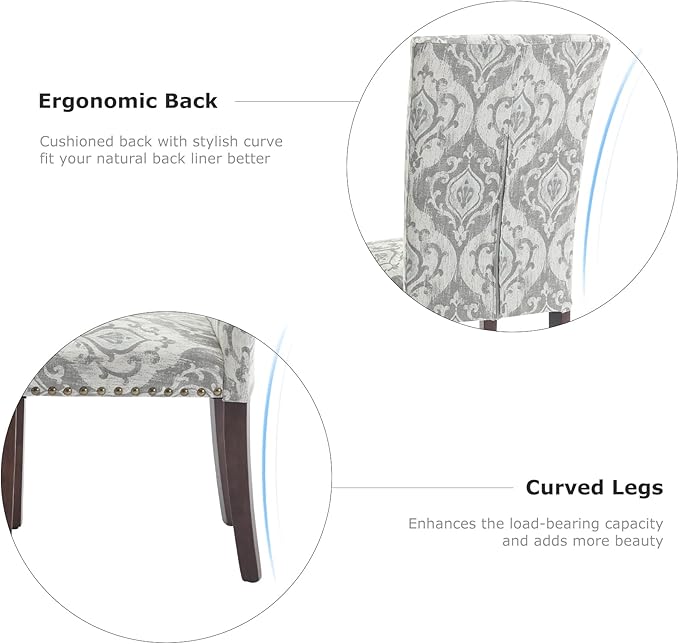COLAMY Upholstered High Back Dining Chairs Set of 6 with Solid Rubber Wood Legs, Fabric Dining Room Chairs with Comfortable Padded Seat for Dining Room, Classic Gray Damask Pattern, Cloudy Gray Damask
