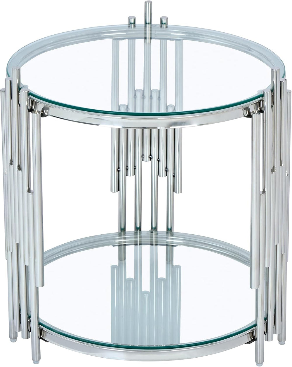 SSLine Round Glass Side Table with Silver Stainless Steel Frame Luxury Circle...