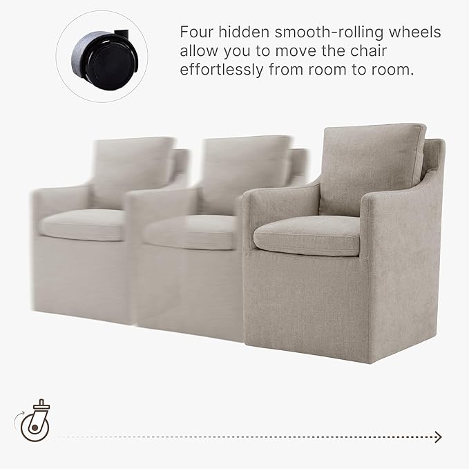 Upholstered Dining Chairs with Casters, No Assembly Modern Accent Armchair with Rollers for Dining Room, Bedroom, Living Room, Reading Room, Already Assembled, Sand, 1 Box