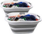 SAMMART 40L (10.5 Gallon) Collapsible Plastic Laundry Basket - Space Saving Storage Container/Organizer - Portable Washing Tub - Foldable Pop Up Hamper/Basket (2, White/Grey)