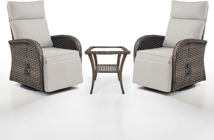 Dual-Adjust Swivel Outdoor Recliner Chair Set of 3 - Reclining Patio Chair with Adjustable Backrest and Footrest, All-Weather Wicker Chaise Lounge Outdoor with Side Table for Deck (Upgraded 2.0)