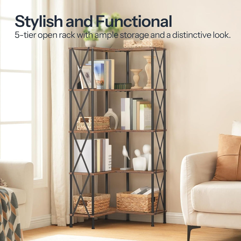 HOOBRO Corner Bookshelf, 5-Tier L-Shaped Bookcase, Industrial Open Display Sh...