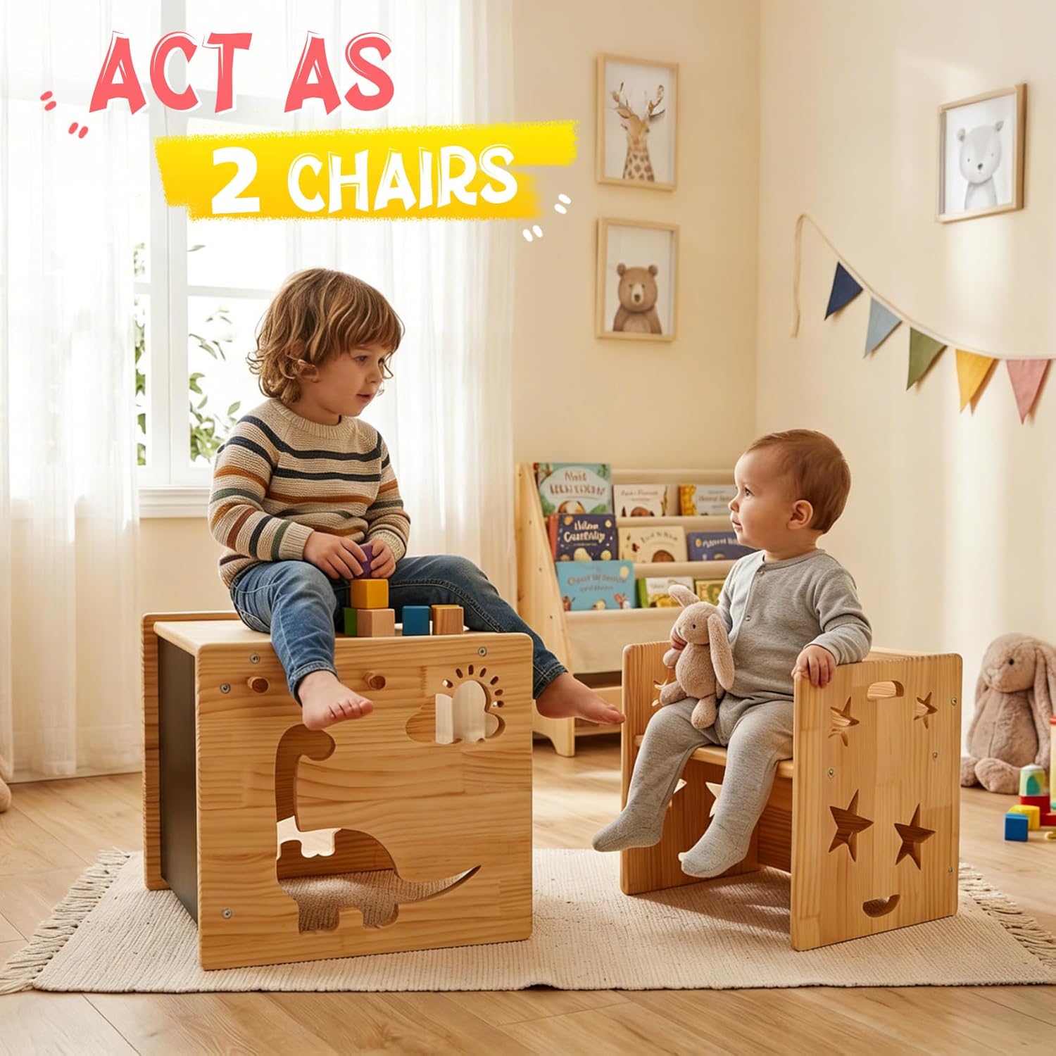 Montessori Weaning Table and Chair Set for Toddlers Age 1-3,with Blackboard | Flip Stool to Adjust Height, Storage Hooks, Puzzle Storage Boards, Natural Wood,CPC Certification,for Dining,Painting,Reading
