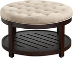 adochr Round Coffee Tables for Living Room,33’’ Storage Ottoman with Wooden Tray, Upholstered Ottoman Footrest, Light Brown