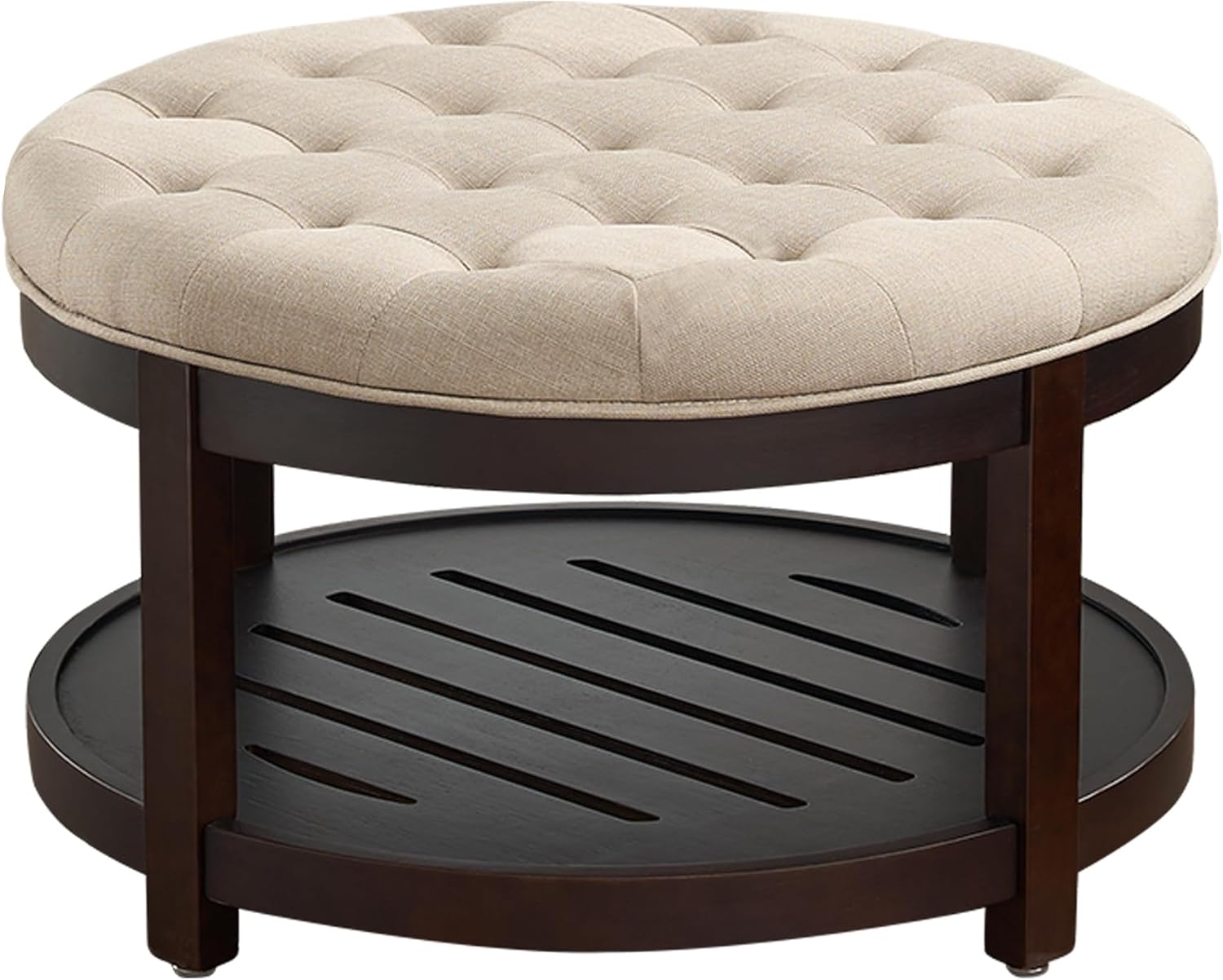 adochr Round Coffee Tables for Living Room,33’’ Storage Ottoman with Wooden Tray, Upholstered Ottoman Footrest, Light Brown