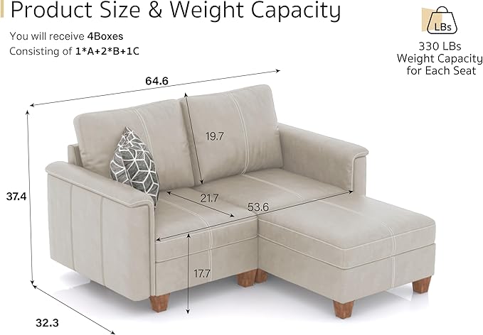 SITJOY 65" Faux Leather Modular Sectional Sofa with Storage, Mid Century Modern Sectional Couches for Living Room, Soft Padded Armrests, 2 Seater L-Shaped Loveseat with Ottoman, Greige