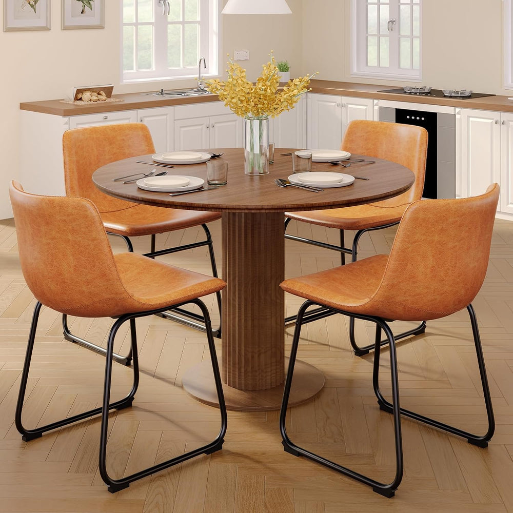 Dining Chairs Set of 6, 18in PU Leather Kitchen Chair with Metal Leg, Brown