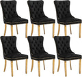 Black Dining Chairs Set of 6,Velvet Upholstered Dining Room Chairs with Back Ring Pull Trim and Golden Stainless Steel Legs,Modern Dining Chairs Perfect for Dining Room,Kitchen(Black)