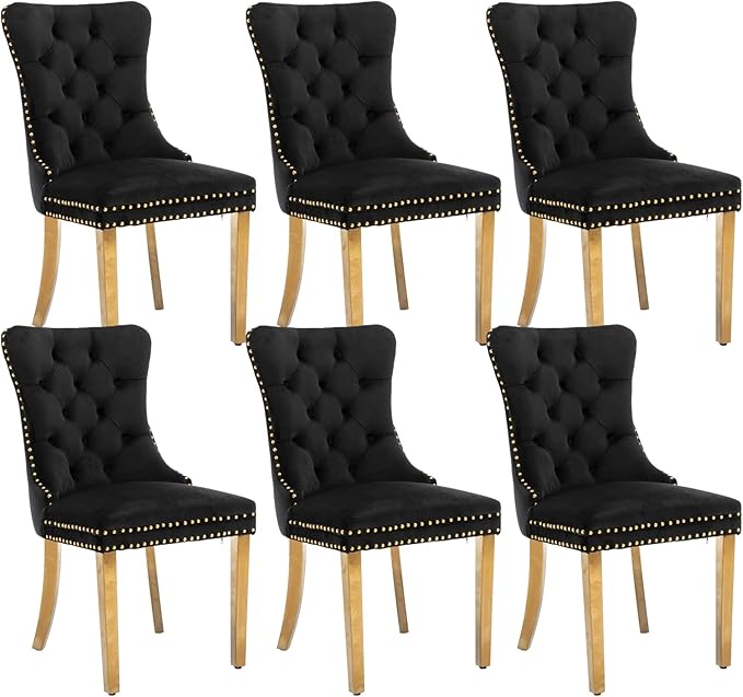 Black Dining Chairs Set of 6,Velvet Upholstered Dining Room Chairs with Back Ring Pull Trim and Golden Stainless Steel Legs,Modern Dining Chairs Perfect for Dining Room,Kitchen(Black)