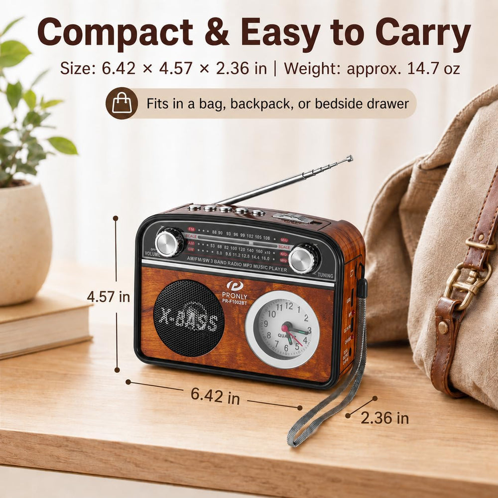 Portable AM/FM Radio with Bluetooth, Vintage Style Emergency Radio with Clock...
