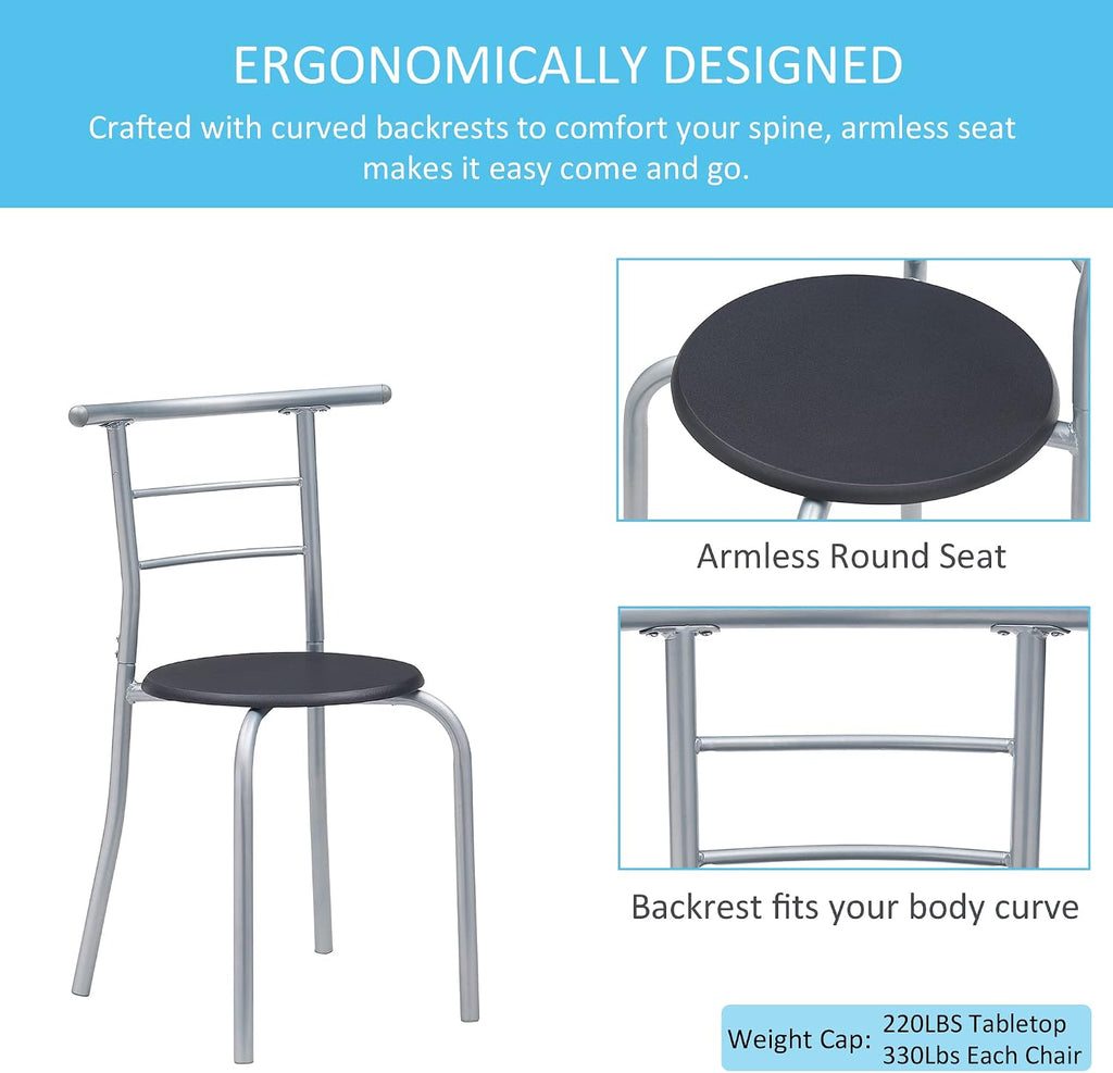 VECELO 3 Piece Wood Round Table & Chair Set for Dining Room Kitchen Bar Breakfast, with Wine Storage Rack, Space Saving, Black