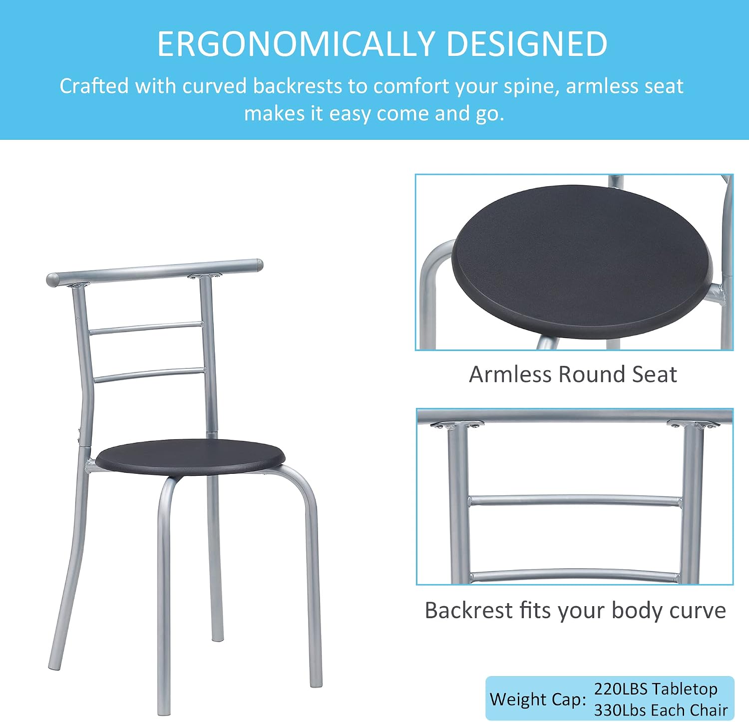 VECELO 3 Piece Wood Round Table & Chair Set for Dining Room Kitchen Bar Breakfast, with Wine Storage Rack, Space Saving, Black
