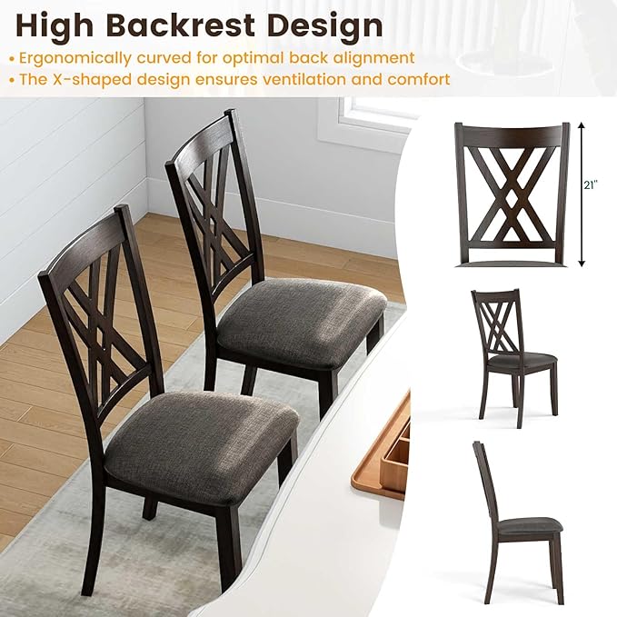 Giantex Wooden Dining Chairs Set of 4, Linen Fabric Upholstered Kitchen Chair w/Rubber Wood Frame, Wide Padded Seat, Curved Cross Back, Farmhouse Side Chairs for Living Room Restaurant, Dark Gray