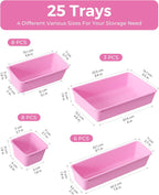 BiuLeon 25 PCS Plastic Drawer Organizers Set, 4-Sizes Vanity and Makeup Organizer, Desk and bathroom Drawer Organizer Trays, Organizers and Storage for Makeup, Jewelry, Gadgets, Utensils(Light Purple)