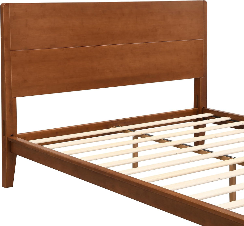 Merax Queen Mid Century Modern Bamboo Wood Bed Frame with Headboard, Brown