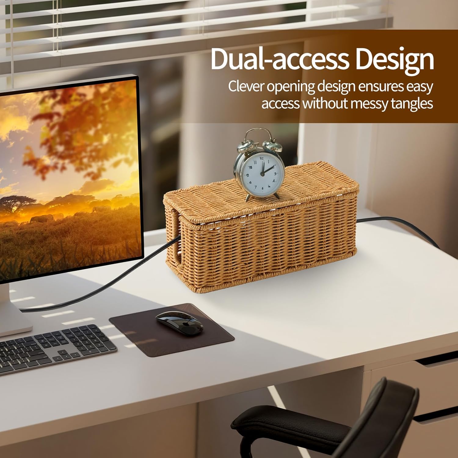 Delamu Handmade Rattan Small Cable Management Box, Cord Organizer with 2 Open Slots, Desk Cord Box Hider for Computer Router USB Hub Power Strip, 12.5" Lx 5.1" Wx 5.1" H, Natural