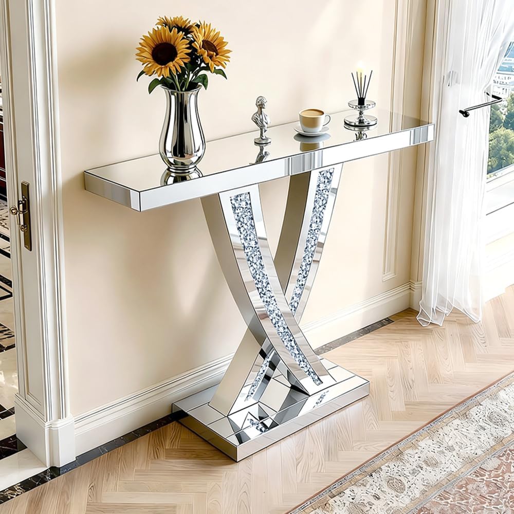 Silver Mirrored Console Table with Crushed Diamond Inlay, 39.4'' Long...