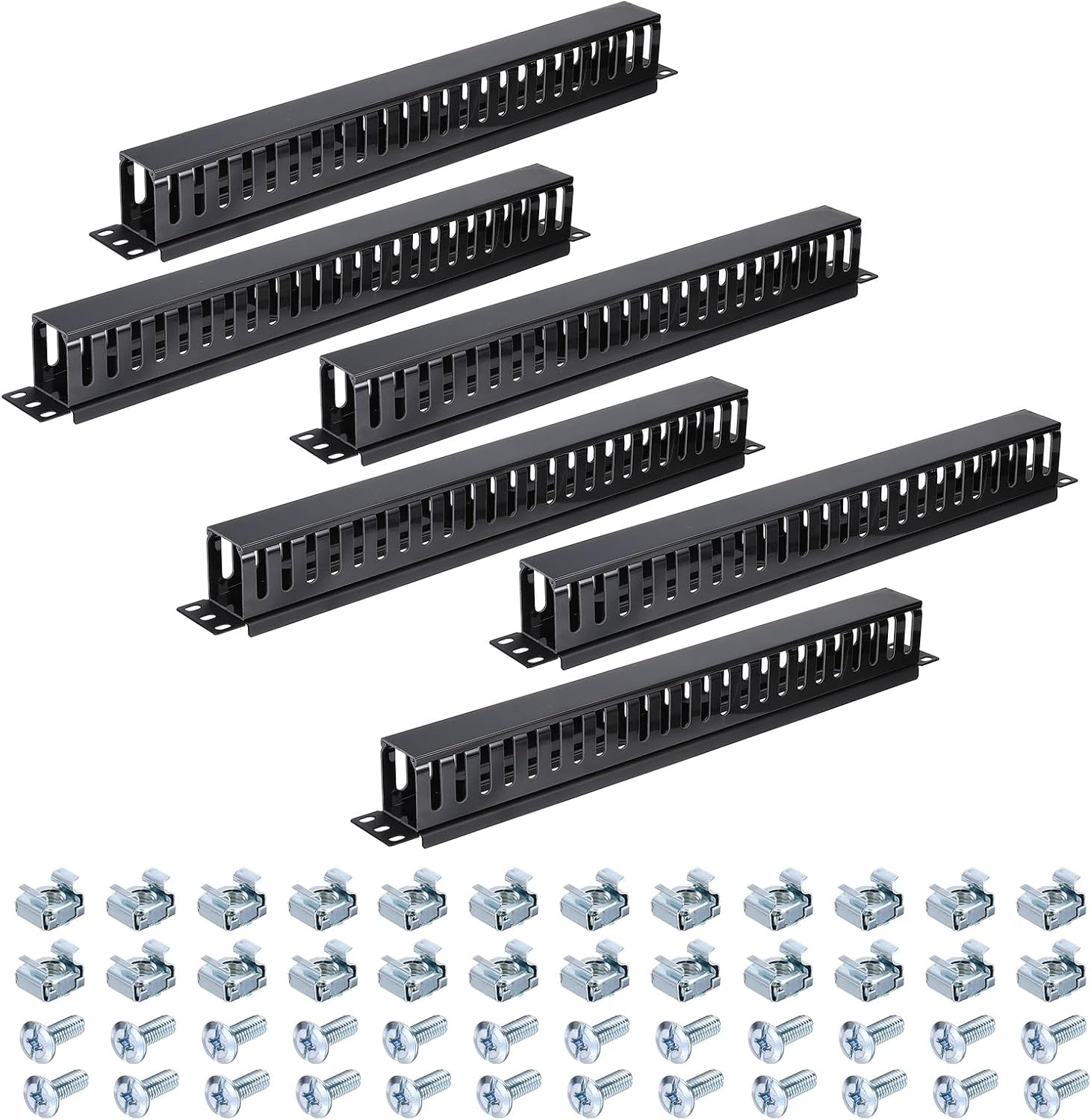 PATIKIL 1U 19 Inch Cable Manager, 6 Pack 24 Slot Horizontal Rack Mount Wire Management Metal Finger Duct Wire Organizer for Network Cabinet, Black