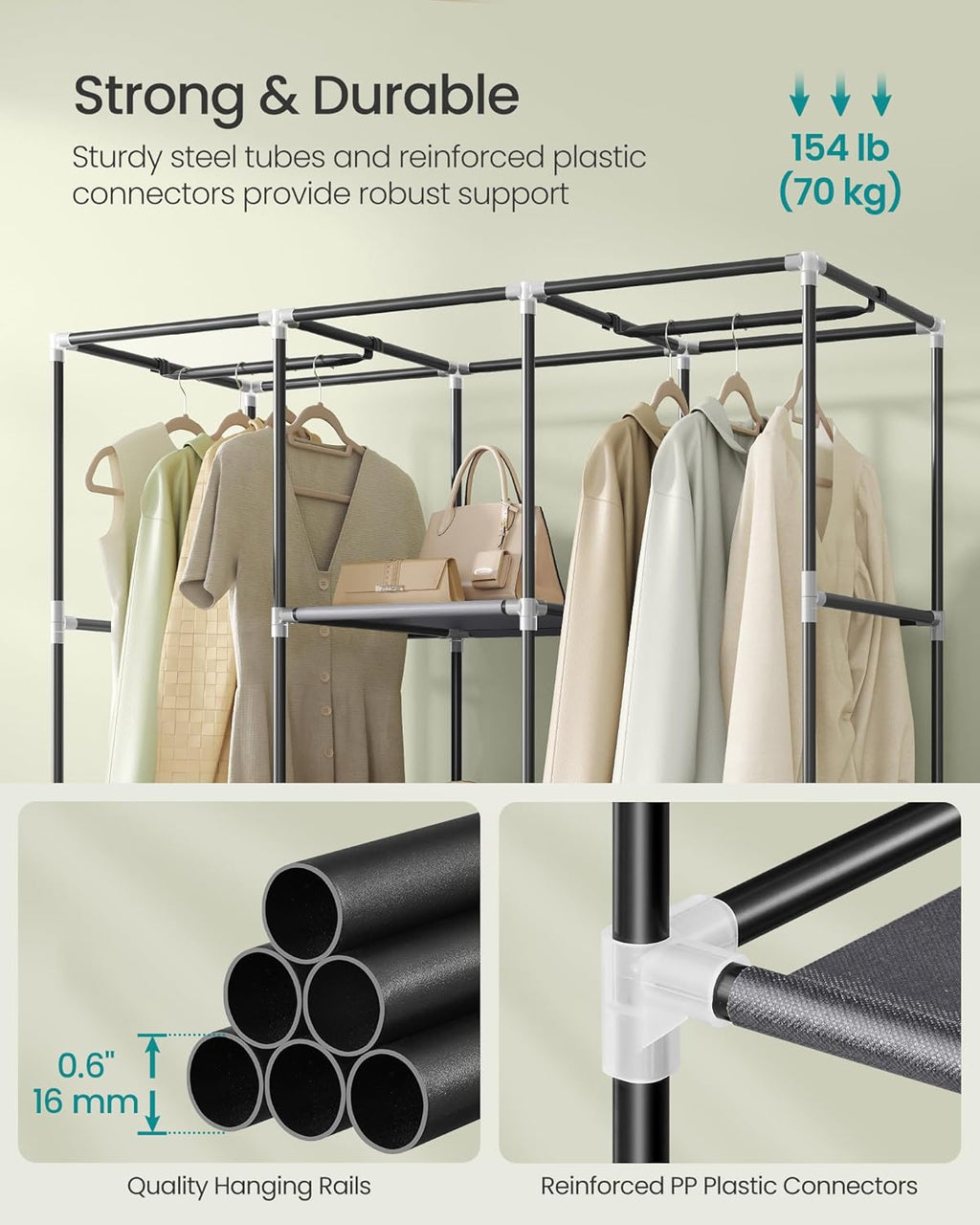 SONGMICS Portable Closet, 51.2 Inch Large Capacity Wardrobe Closet Organizer with Fabric Cover, Hanging Rods and Shelves, 51.2 x 17.7 x 66.1 Inches, for Bedroom, Living Room, Dove Grey URYG096G01