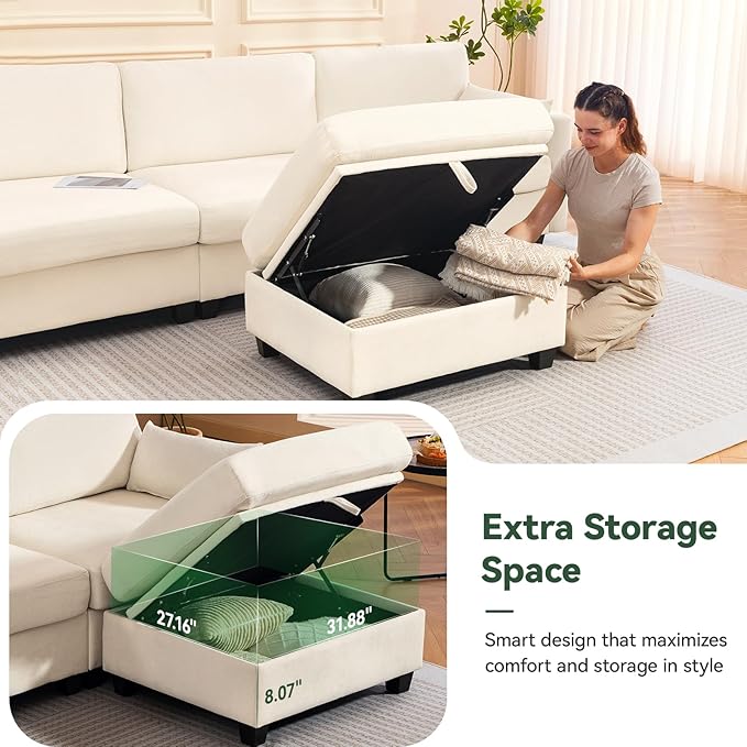 109'' Modular Sectional Sofa, L Shaped Couch with Storage Ottoman, Comfy Cloud Sofa with Deep Seat, 4 Seat Convertible Sectional Couches for Living Room (Beige, High Legs 3.15'')