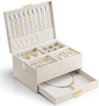 Vlando 3 Layer Jewelry Box - Women Jewelry Box with Retractable Tray - Jewelry Organizers with Drawer for Necklaces, Rings, Bracelets, Earrings, Gift for Couples Mom Girls - Could White