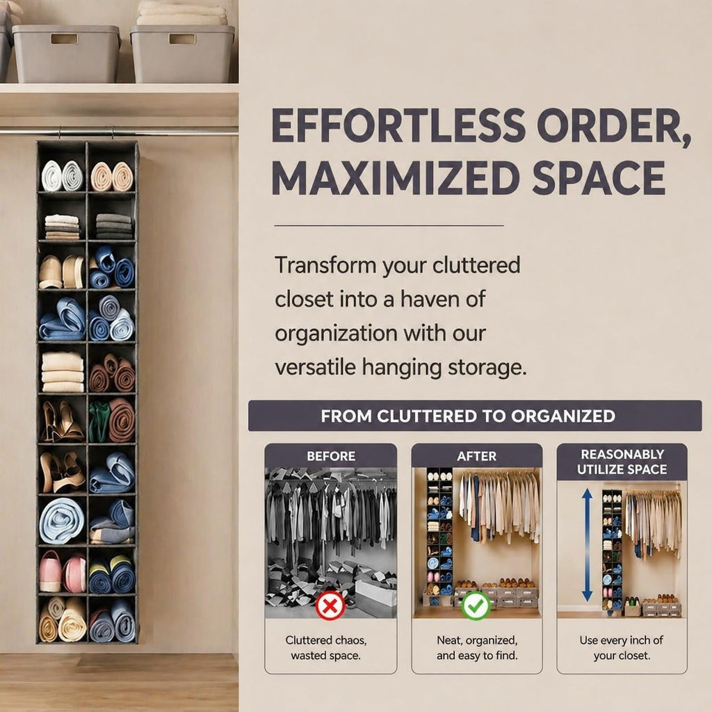 Hanging Shoe Organizer for Closet - 20 Extended Sections Closet Shoe Storage Rack with 8 Side Mesh Pockets, Foldable Shelves Holder for Shoes Clothes Shirts Jeans Hats