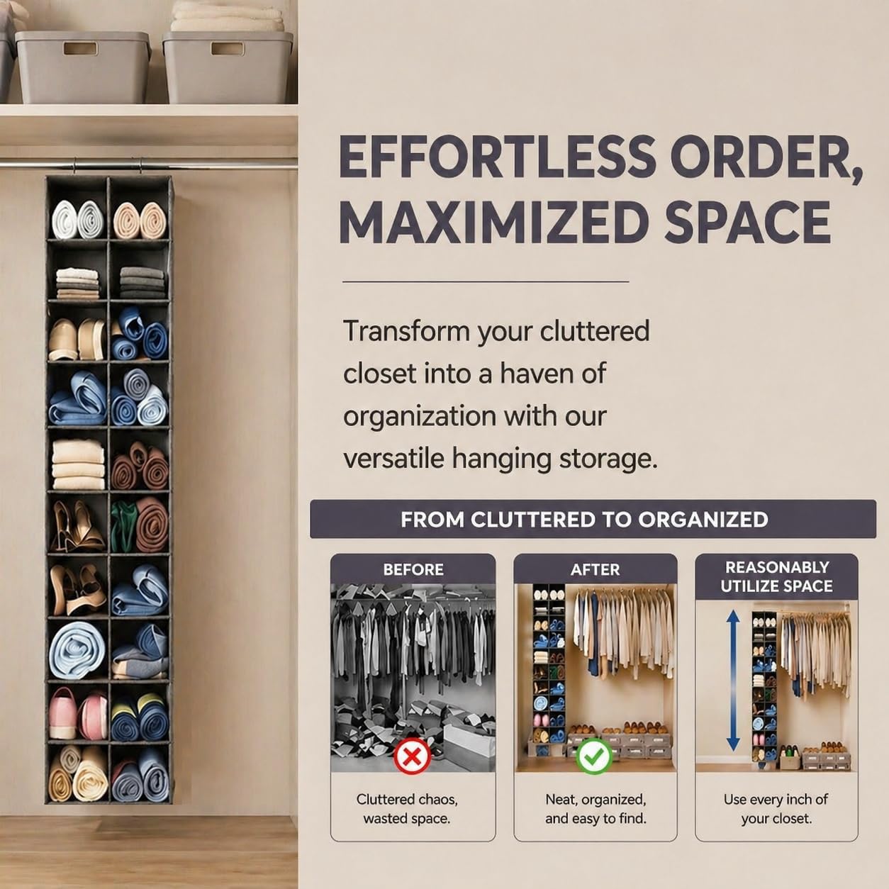 Hanging Shoe Organizer for Closet - 20 Extended Sections Closet Shoe Storage Rack with 8 Side Mesh Pockets, Foldable Shelves Holder for Shoes Clothes Shirts Jeans Hats