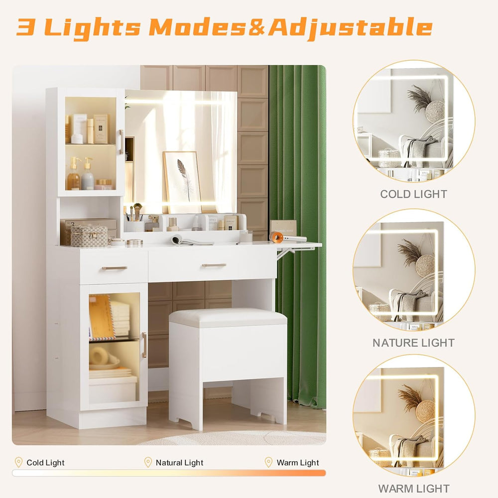 NUNU LAB 42 Inchs Large Vanity Desk with Mirror and Lights | 6 Drawers and 4 ...