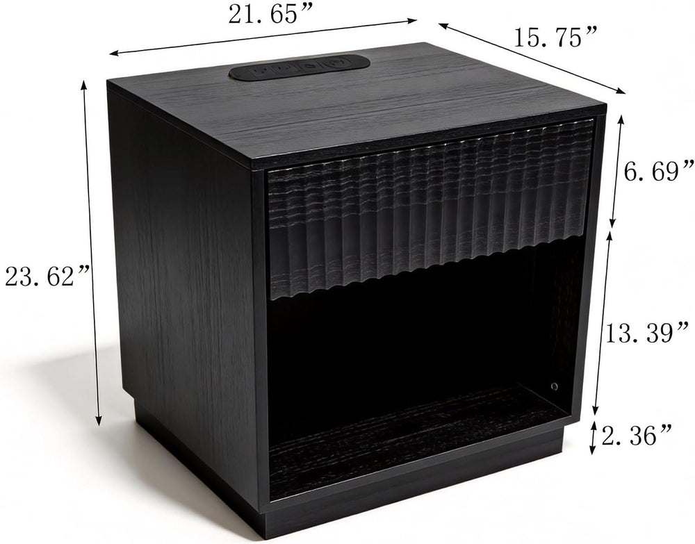 Night Stand with Charging Station, 23 Inch Tall Fluted Modern Bedside Table w...
