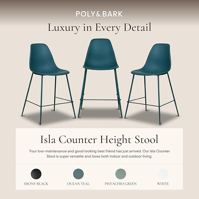 Poly & BARK Isla Bar Stools Set of 3 – Counter Height Bar Stool for Kitchen – Set of Counter Stools – Indoor/Outdoor Barstools – Modern Kitchen Bar Stools - Ocean Teal