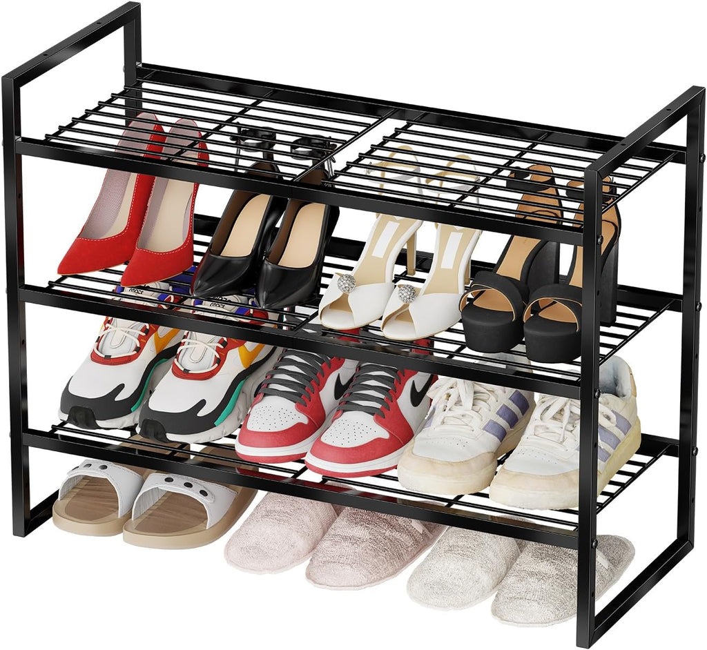3-Tier Shoe Rack, 27" Wide Stackable Metal Wired Grid Shoe Shelf, Black | Sturdy Metal, Easy Assembly,Square-Tube Design, 9-12 Pairs of Shoes Storage Organizer for Closet, Entryway, Garage & Corridor