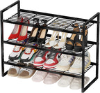3-Tier Shoe Rack, 27" Wide Stackable Metal Wired Grid Shoe Shelf, Black | Sturdy Metal, Easy Assembly,Square-Tube Design, 9-12 Pairs of Shoes Storage Organizer for Closet, Entryway, Garage & Corridor