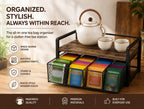 Wood & Matte Black Metal Tea Bag Organizer with Drawer, 8 Compartments Tea Storage Holder with Top Tray, Multi-Purpose Countertop Caddy for Tea Bags, Coffee Pods & Spices