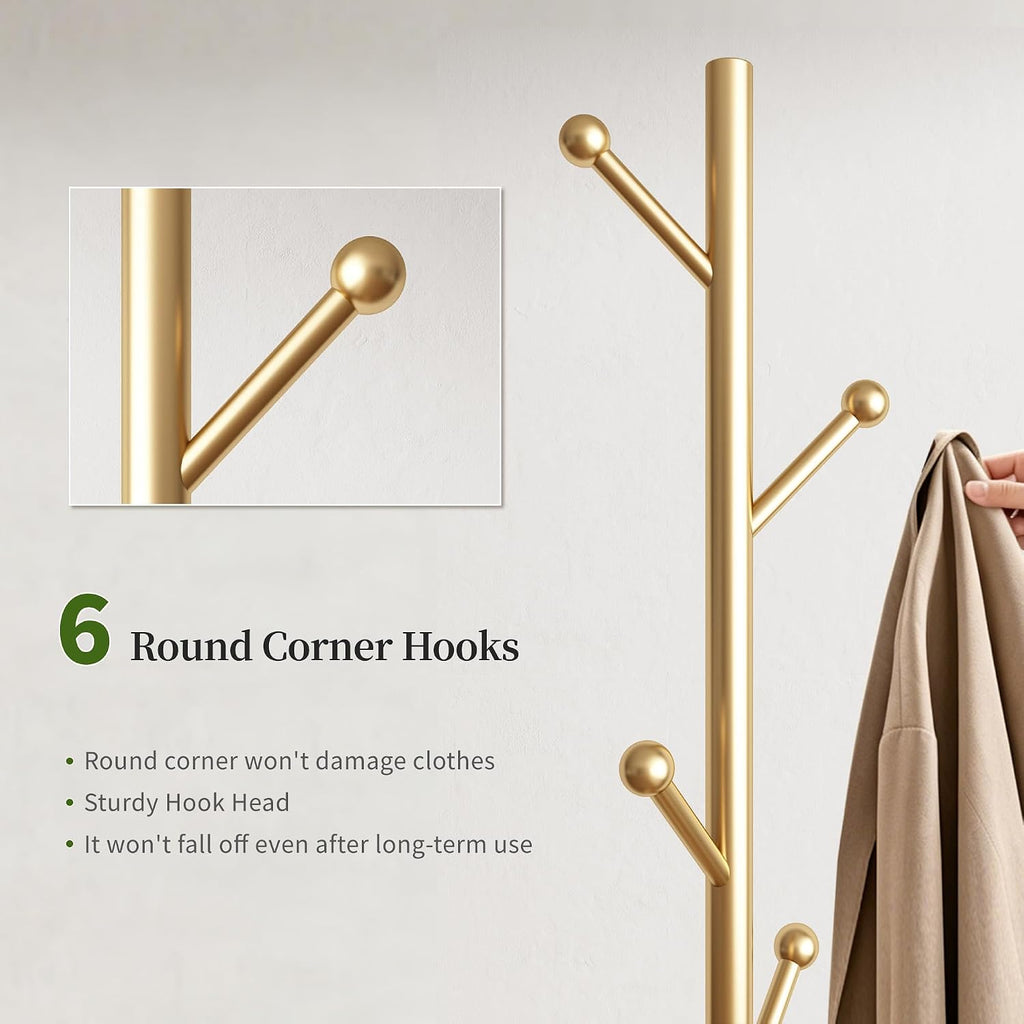 Coat Rack Freestanding Coat Stand with Basket 6 Hooks Wheels,Gold | Metal Coat Rack Stand Coat Tree for Home Entryway Bedroom Living Room Office Corner Modern Organizer for Scarf Jacket Hat Bag
