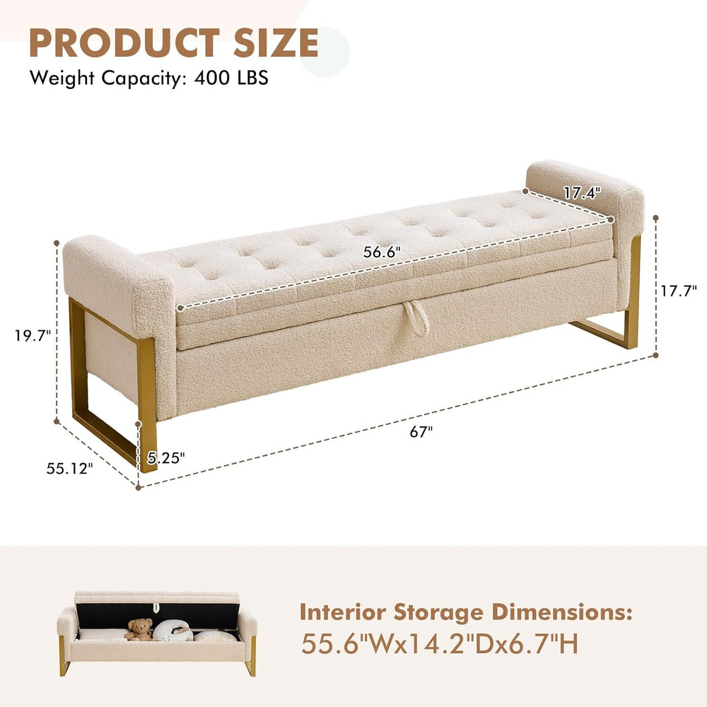 67" Storage Bench for Bedroom, King Size End of Bed Bench, Upholstered S...